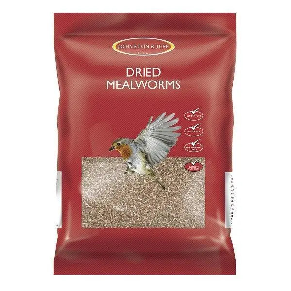 Red plastic bag of johnston & jeff mealworms 6x500g with window showing dried mealworms and a robin image