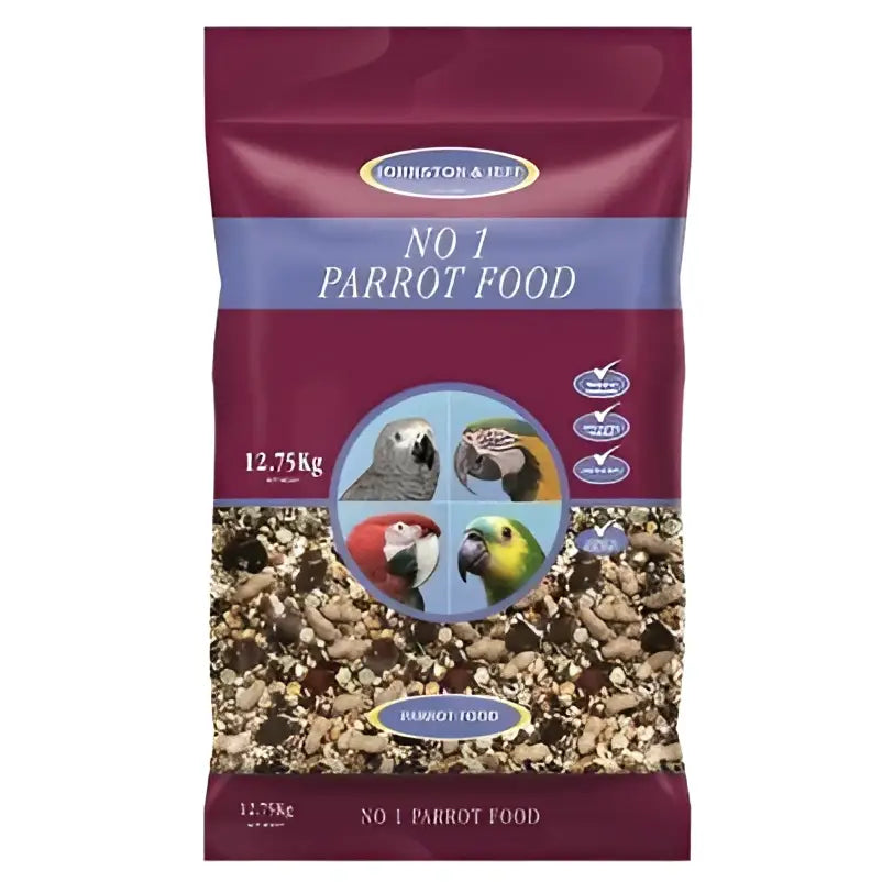 Johnston and jeff no 1 parrot food 12.75kg in maroon and blue packaging with colorful parrots for pet birds and equestrian care