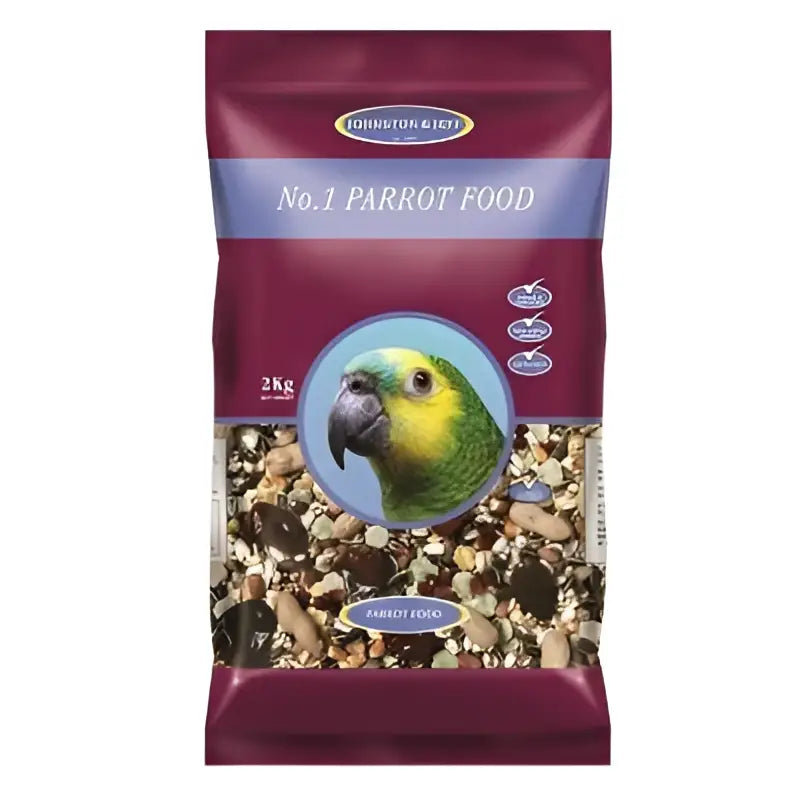 Johnston & jeff no 1 parrot food 2 kg in maroon and blue pack with green and yellow macaw illustration and mixed seeds pellets