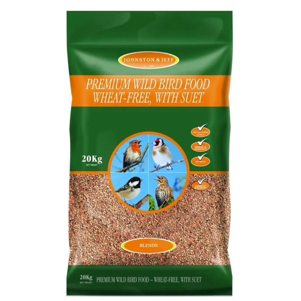 Green and orange 20kg bag of johnston & jeff premium wild bird food with wheat-free suet pellets