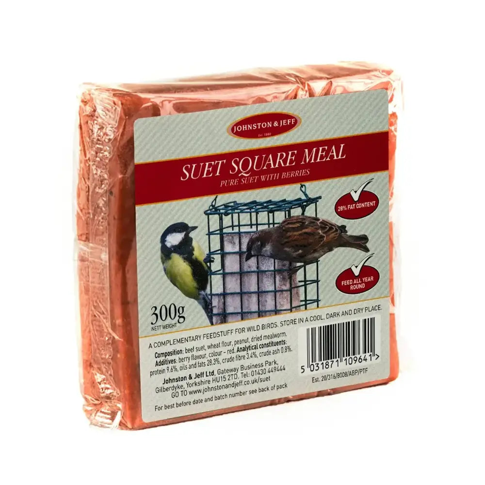 Johnston and jeff suet blocks 300g square meal with berries 24x300g wrapped in clear plastic with bird images
