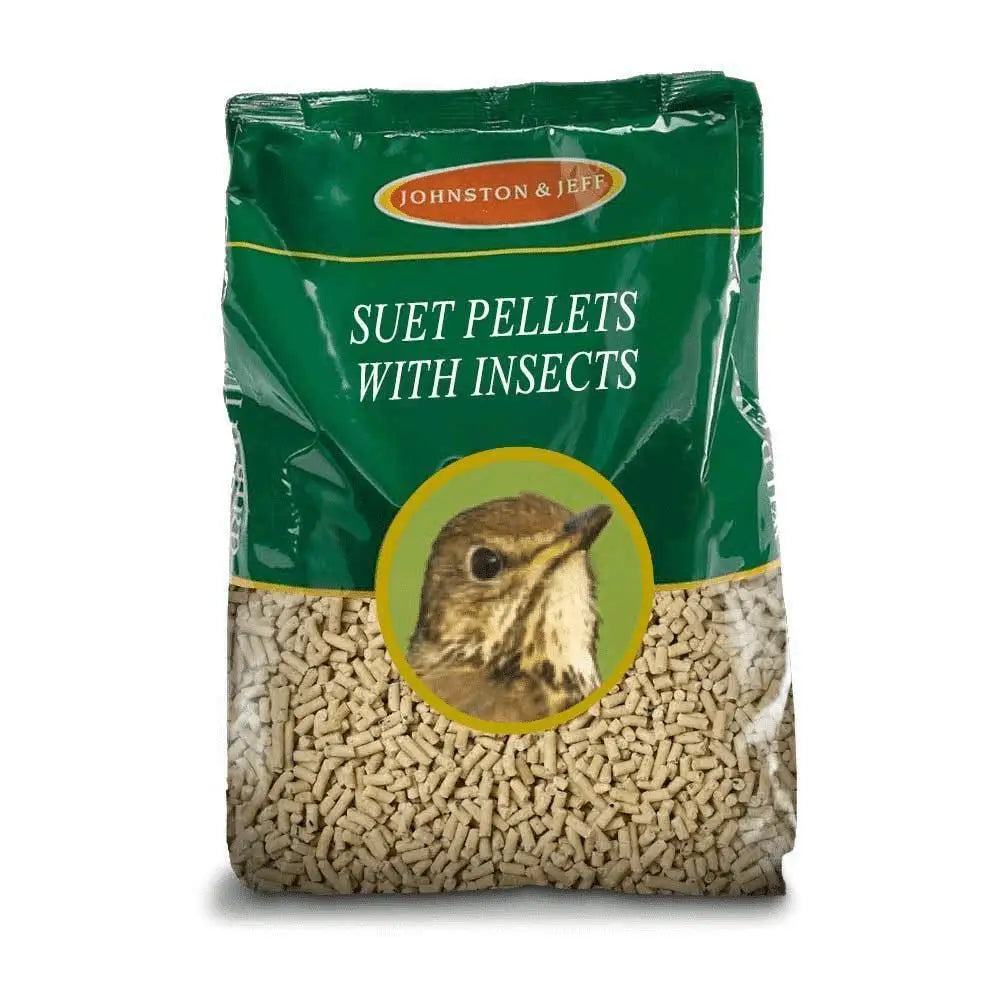 Green plastic bag of johnston and jeff suet pellets with insects and a bird image on the front for feeding birds