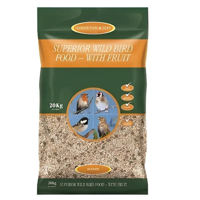 Johnston and jeff superior wild 20kg husk free wild bird food with fruit in green and orange bag with four birds