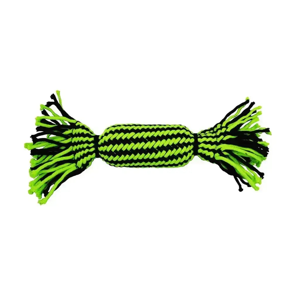 Bright green and black braided jolly pets knot-n-chew tube squeaker rope toy with frayed ends for chewing fun