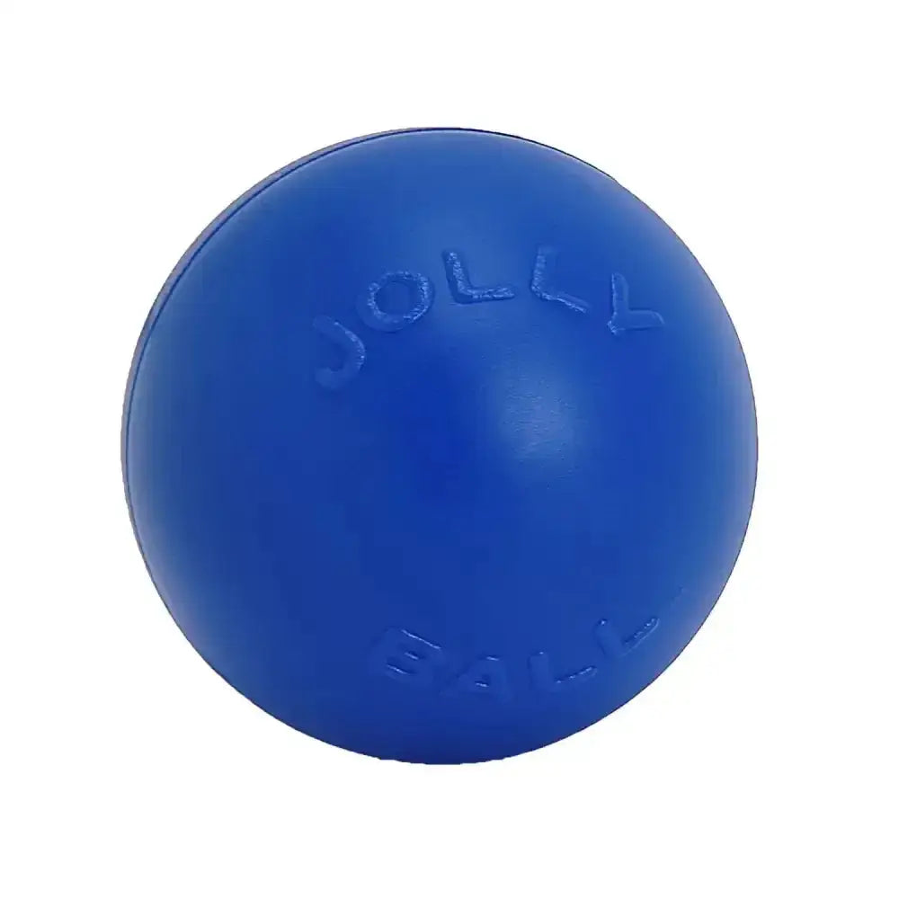 Blue rubber jolly pets push-n-play dog ball with embossed jolly ball text is the baddest dog ball push-n-play blue