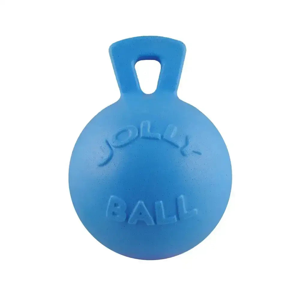Blue jolly pets tug-n-toss blueberry dog toy with molded handle and embossed branding for easy grabbing and tossing