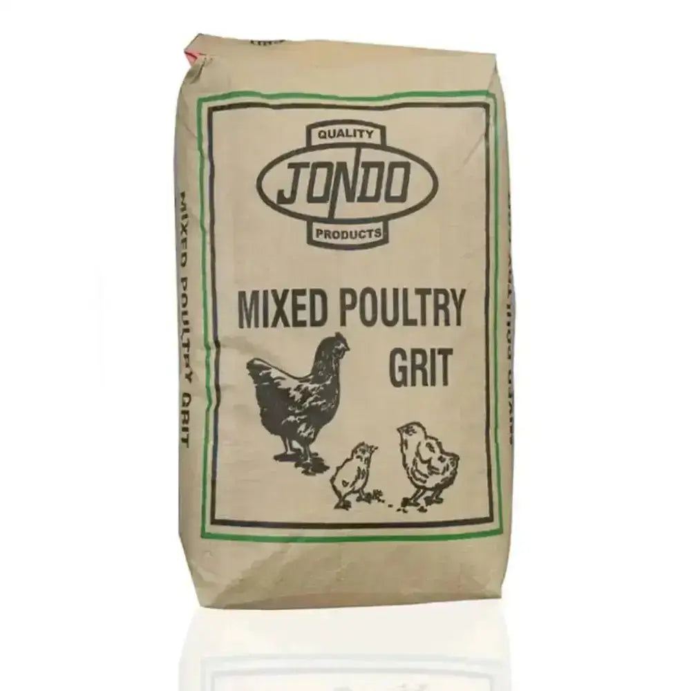 A beige paper bag of jondo brand poultry mixed grit with a black and green label that helps digest food