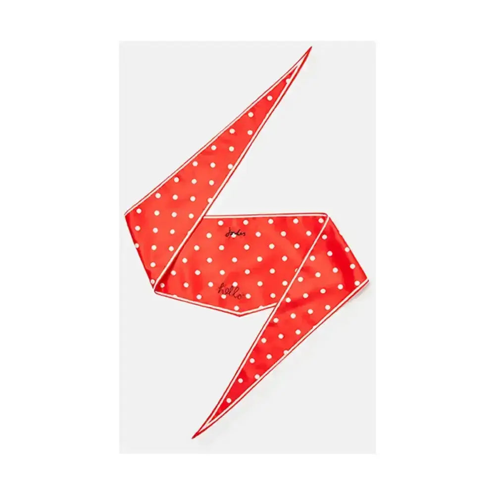 A vibrant red silk joules neckerchief with white polka dots and delicate embroidery, perfect alternative to bee print dog neckerchiefs