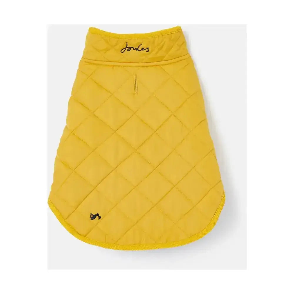 Bright yellow joules quilted dog coat with diamond quilted padded design and embroidered brand name on collar