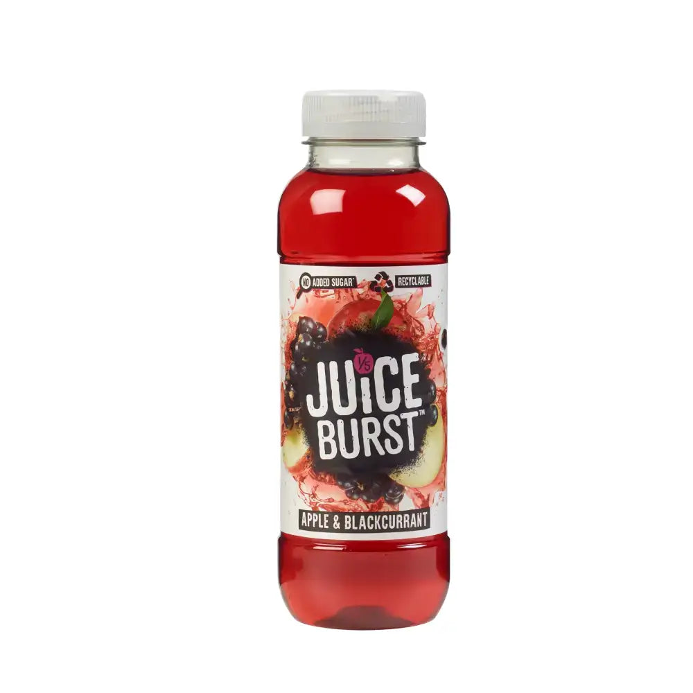 A vibrant red apple and blackcurrant juice burst drink in a clear plastic bottle with a colorful label for juice burst