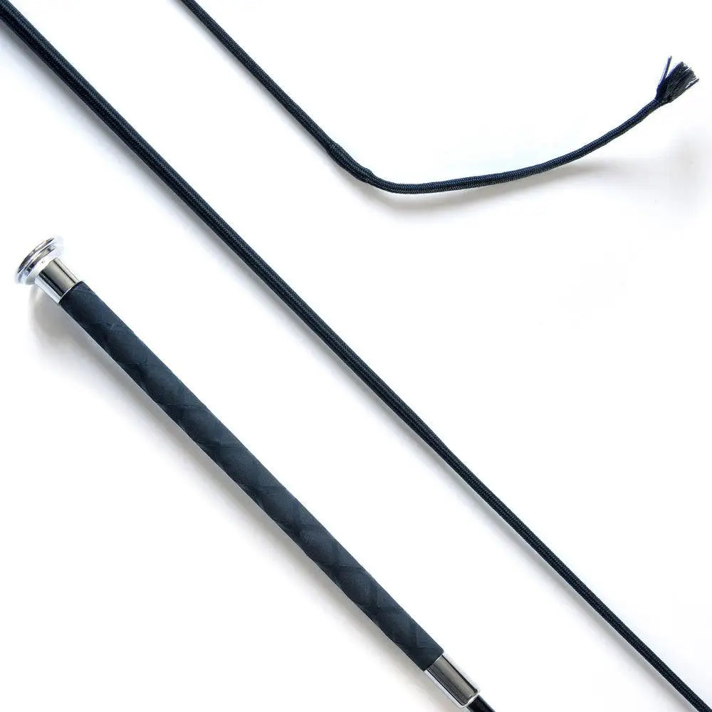 Black junior balanced schooling whip with textured grip and silver metal ferrule for deluxe balance schooling use