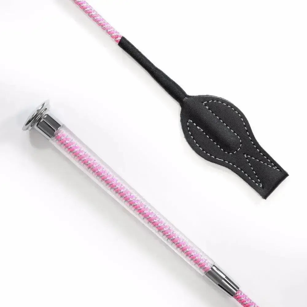 Junior cush grip whip in hot pink with clear braid and black leather handle for easy grip and control