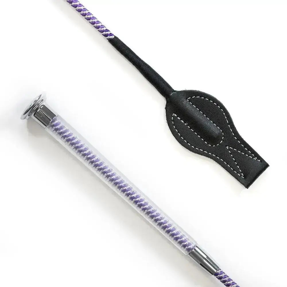 Junior cush grip whip purple with purple and white braided rope and black leather handle for horseback riding
