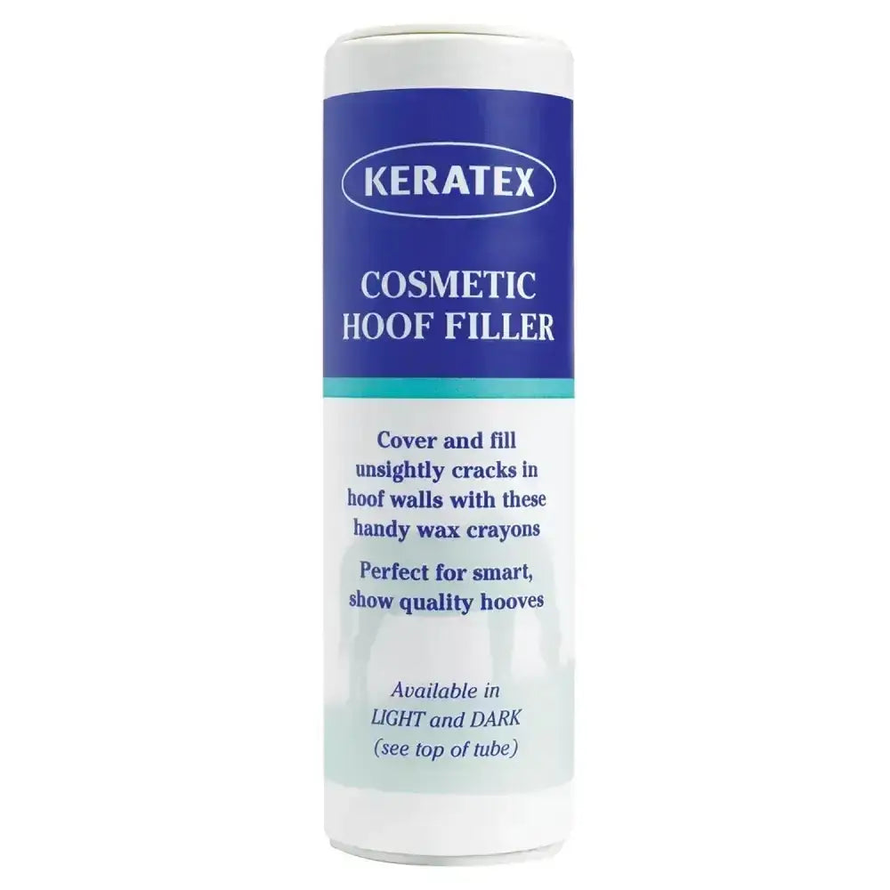 Keratex cosmetic hoof filler in a white tube with blue and teal labeling designed as wax crayons to conceal hoof cracks
