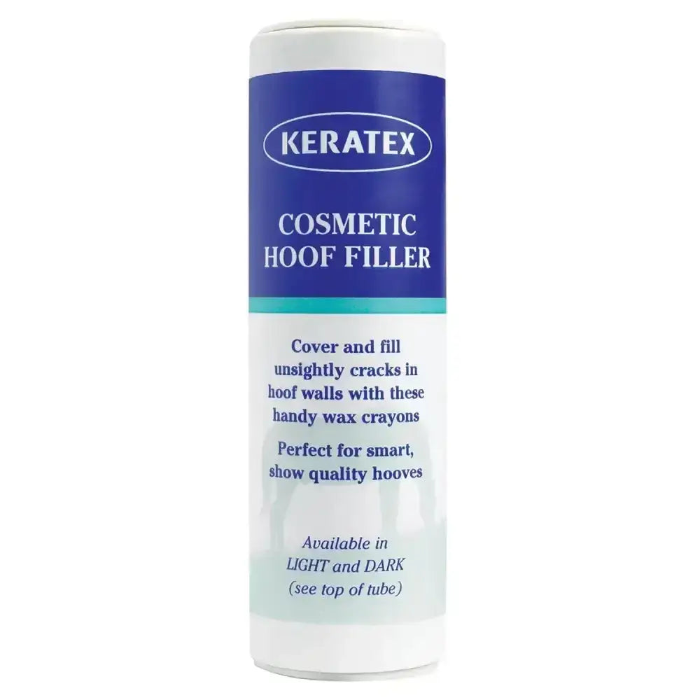 Keratex cosmetic hoof filler in a blue and white tube designed to conceal cracks and improve hoof appearance