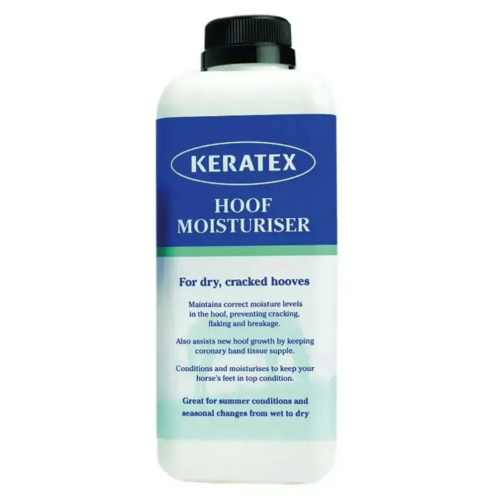 White plastic bottle with black cap and blue keratex hoof moisturiser label to restore natural health of dry hooves