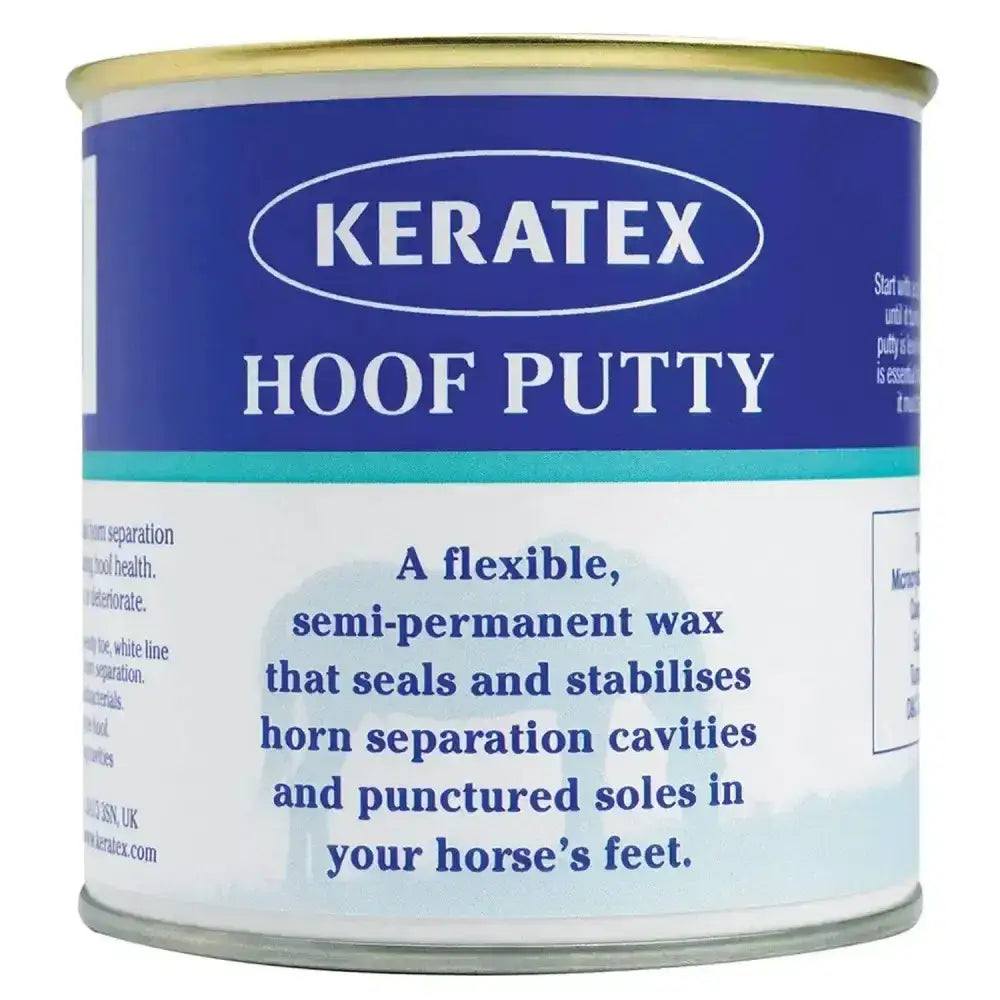 Blue and white labeled metal can of keratex hoof putty for horse hoof protection and care by keratex hoof