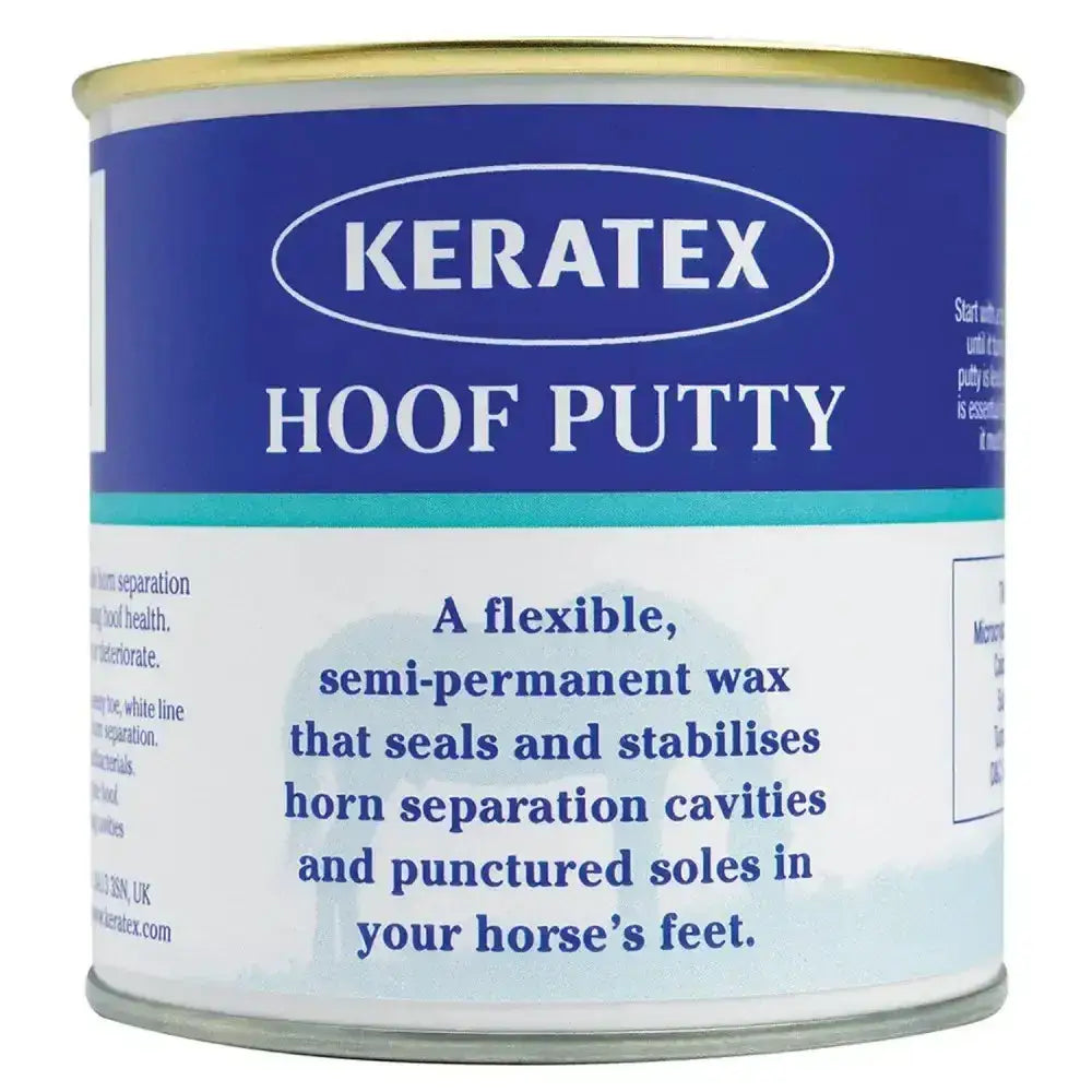 Blue and white metal can of keratex hoof putty flexible semi permanent wax for horse hoof care product keratex hoof putty