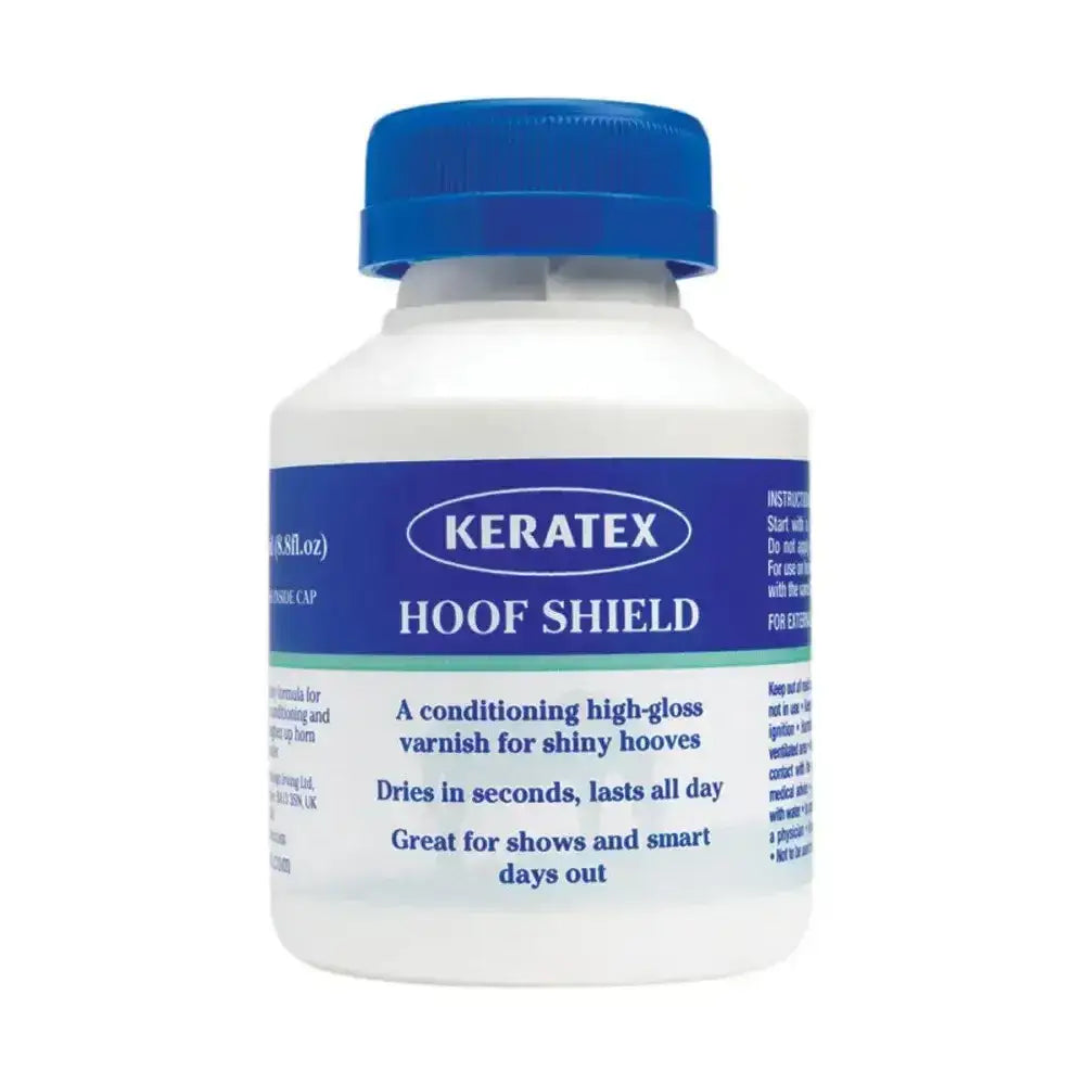 White keratex hoof shield plastic bottle with blue cap and label for clear varnish-like finish and hoof shine