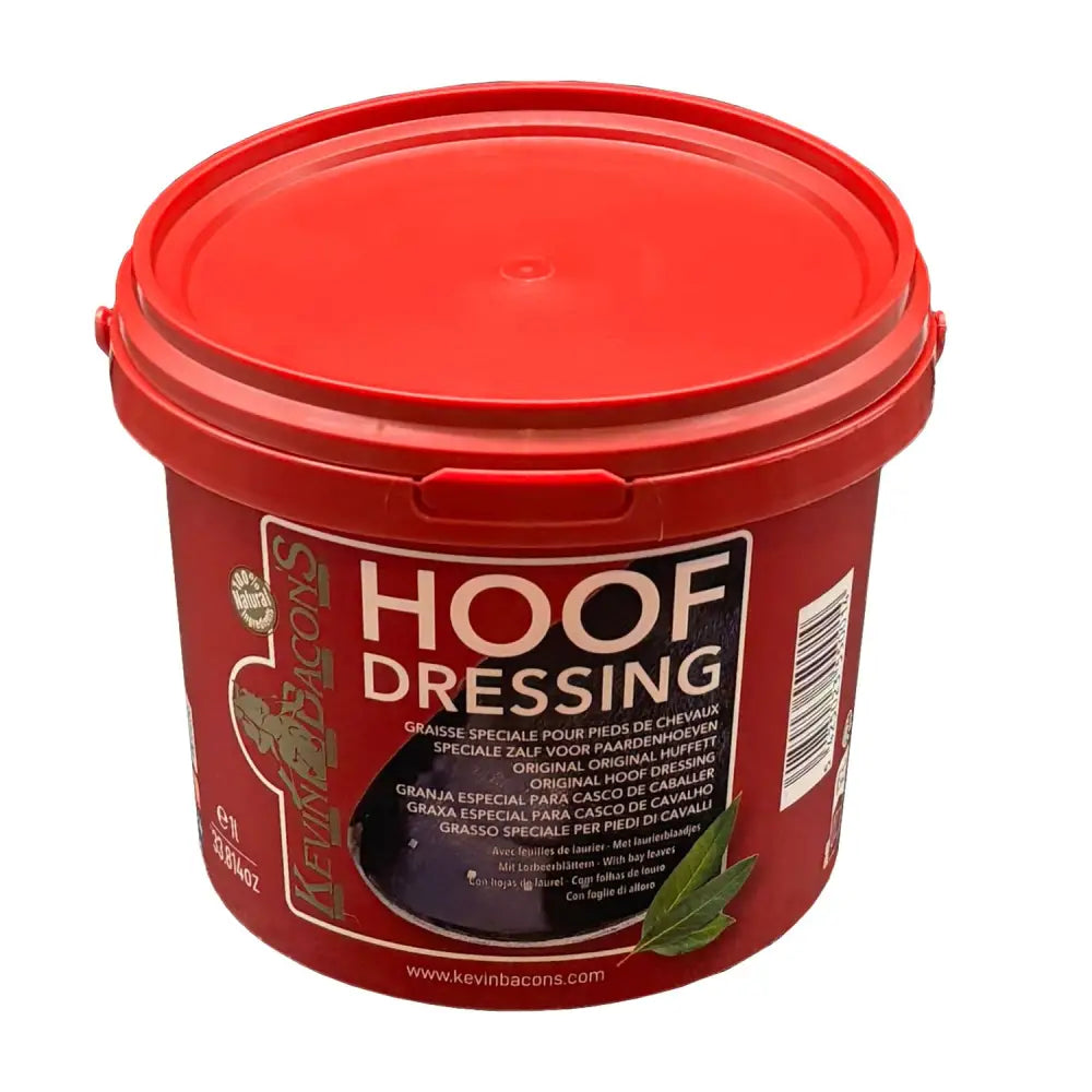 Red plastic bucket of kevin bacon’s hoof dressing with matching lid and multilingual labels for horses hooves care