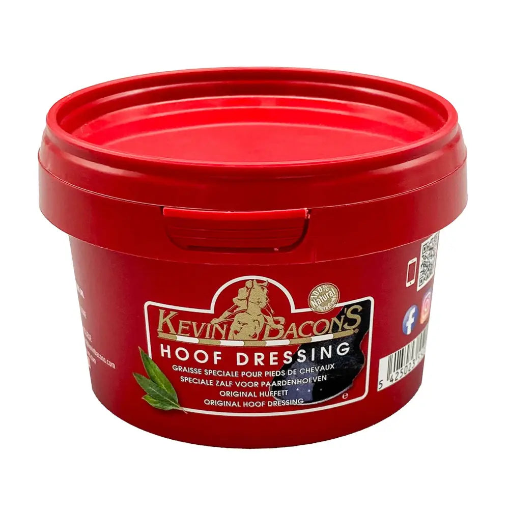 Red plastic container of kevin bacon’s hoof dressing with gold lettering for horses’ hooves care