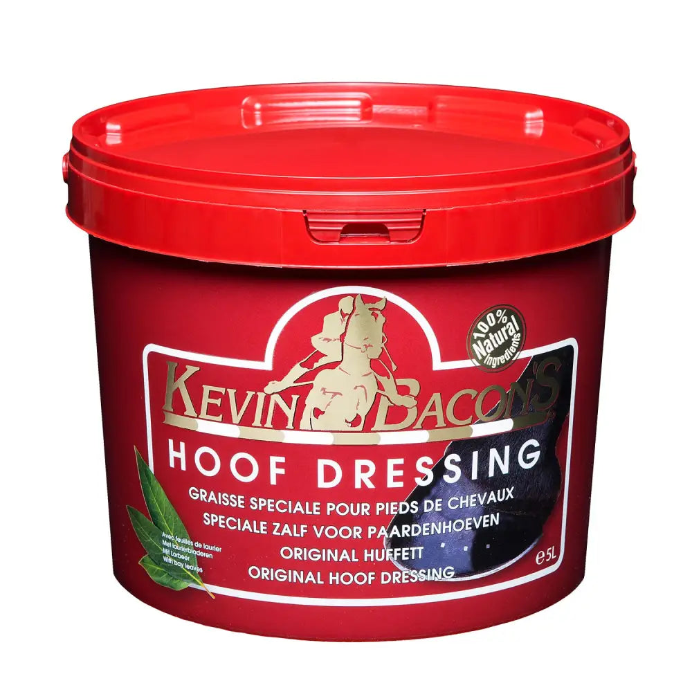 Red plastic bucket of kevin bacons hoof dressing 5l for caring and protecting horses hooves