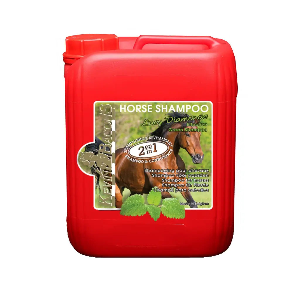 Red plastic jug of kevin bacons lucy diamond shampoo 2-in-1 shampoo and conditioner for horses