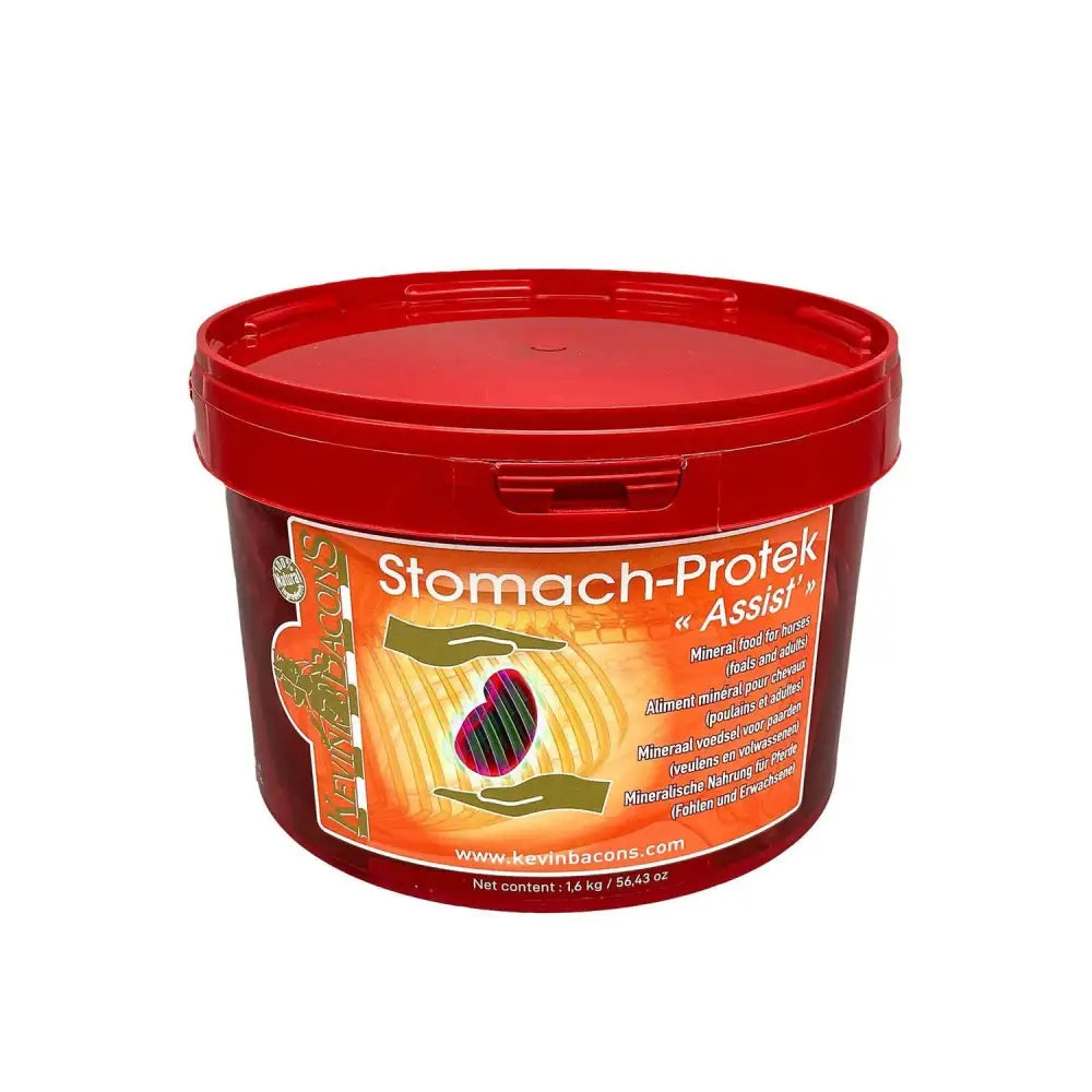 Red plastic container of kevin bacons stomach-protek assist mineral food for horses supporting equestrian stomach health