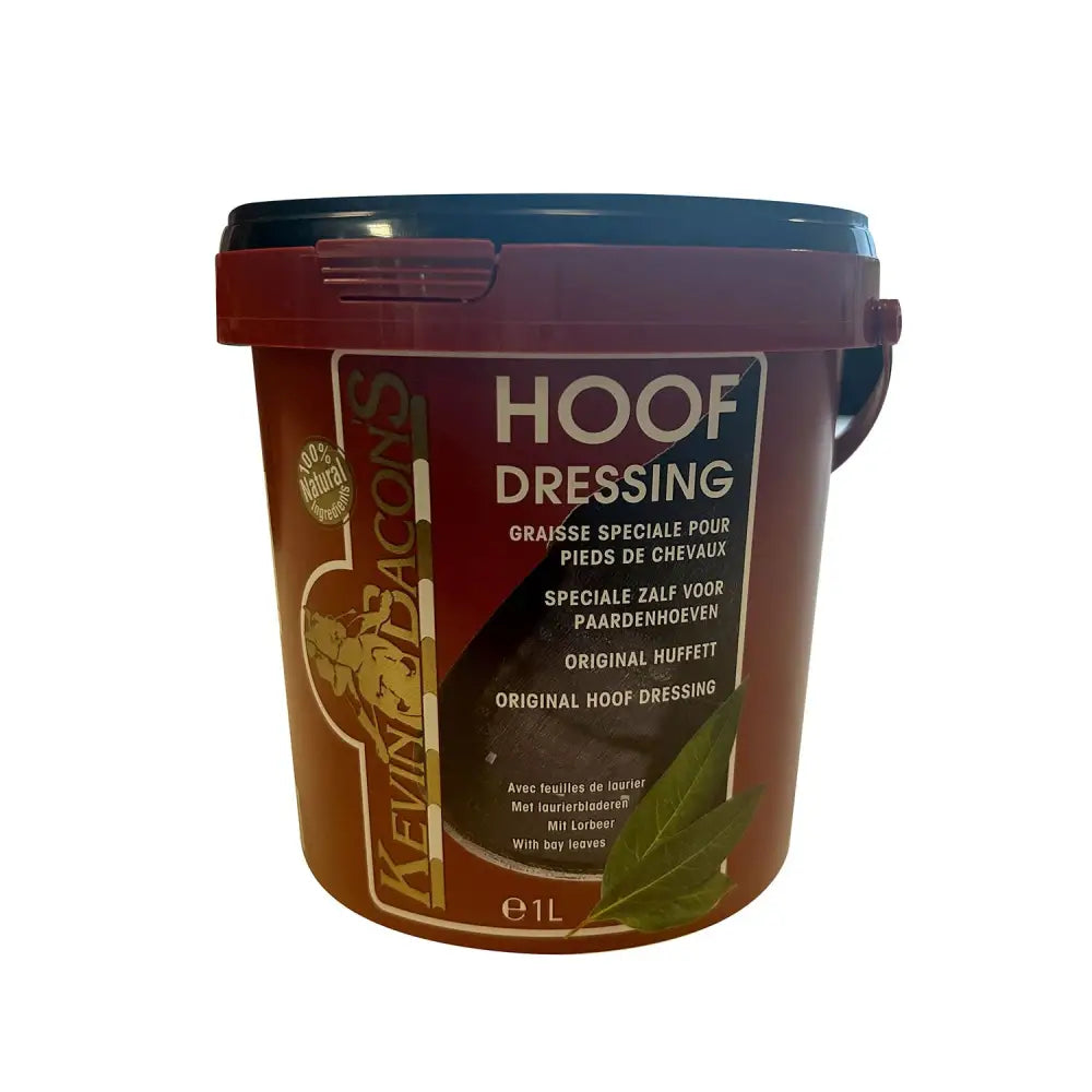 Kevin bacons winter hoof dressing black in a 1l brown plastic bucket with dark blue lid made from natural burnt ash