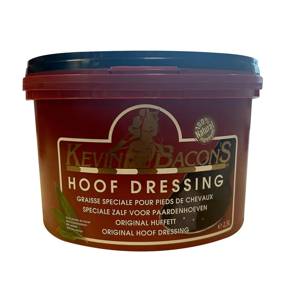 Kevin bacons winter hoof dressing black in a maroon tub with dark blue lid featuring natural burnt ash formula