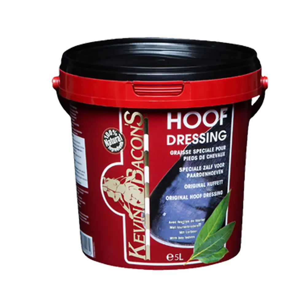 Red plastic bucket with black lid and handle labeled kevin bacons winter hoof dressing with natural burnt ash formula