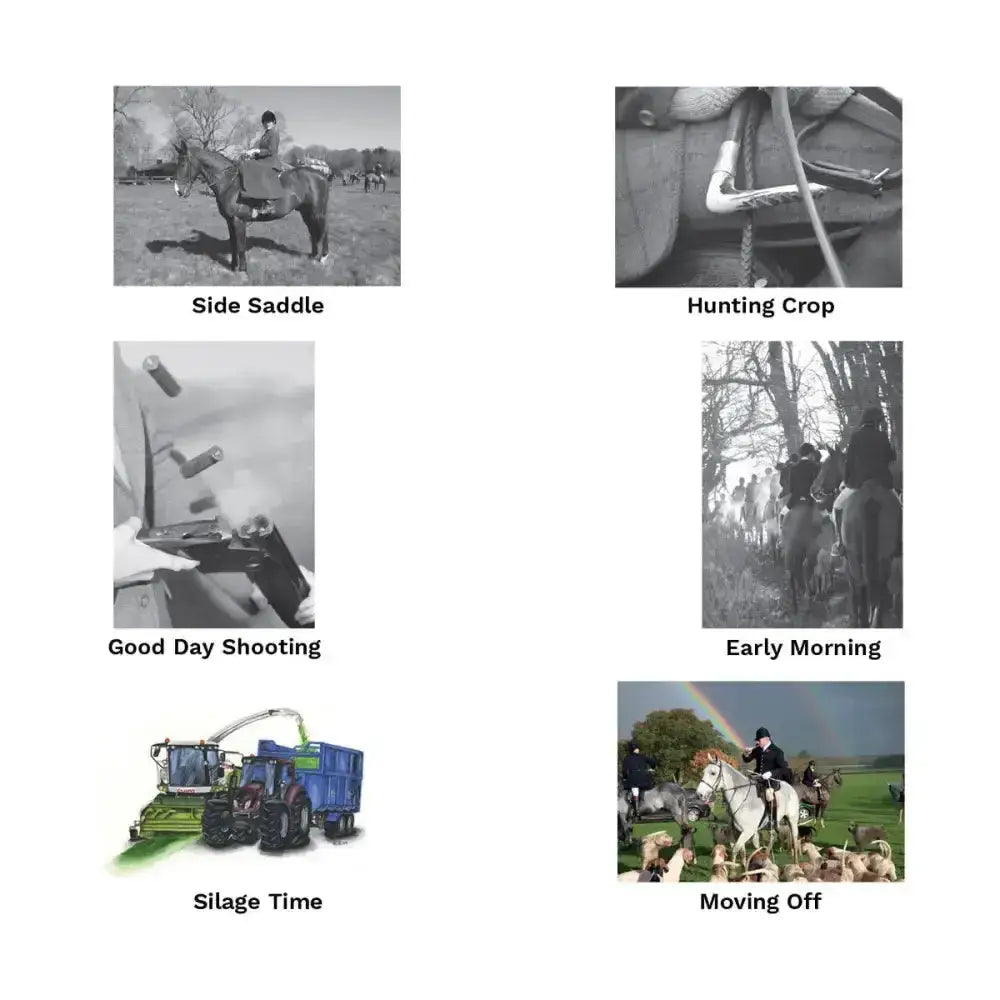 The kevin milner countryside cards feature six unique greeting cards with black-and-white and color countryside photos labeled side saddle and silage time