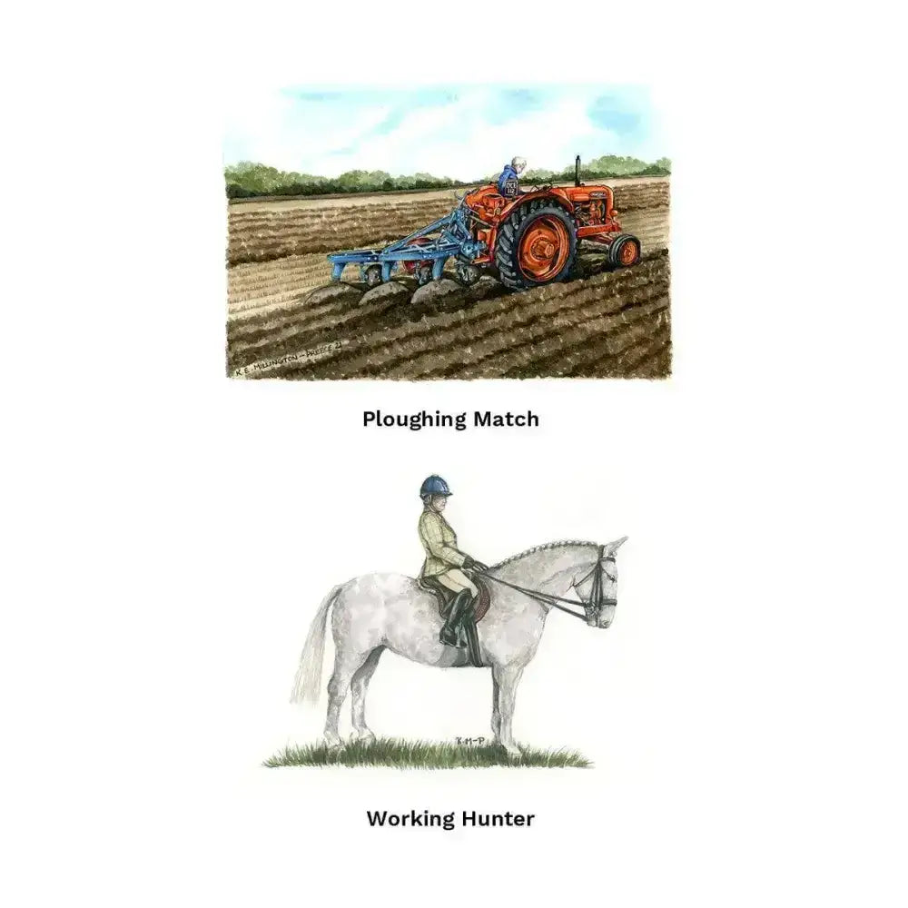 Orange and blue vintage tractor pulling a plough on tilled earth on a unique kevin milner countryside greeting card