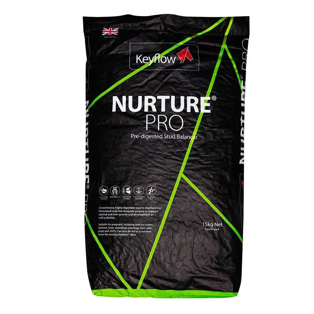 Black plastic bag with neon green lines and white text labeled keyflow nurture pro for stud horses and performance horses