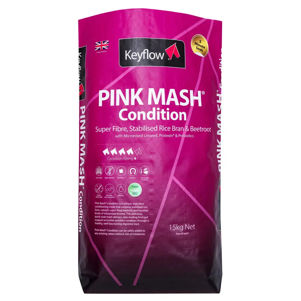 Keyflow pink mash condition feed bag in vibrant magenta with black accents adanish designed 15kg net weight