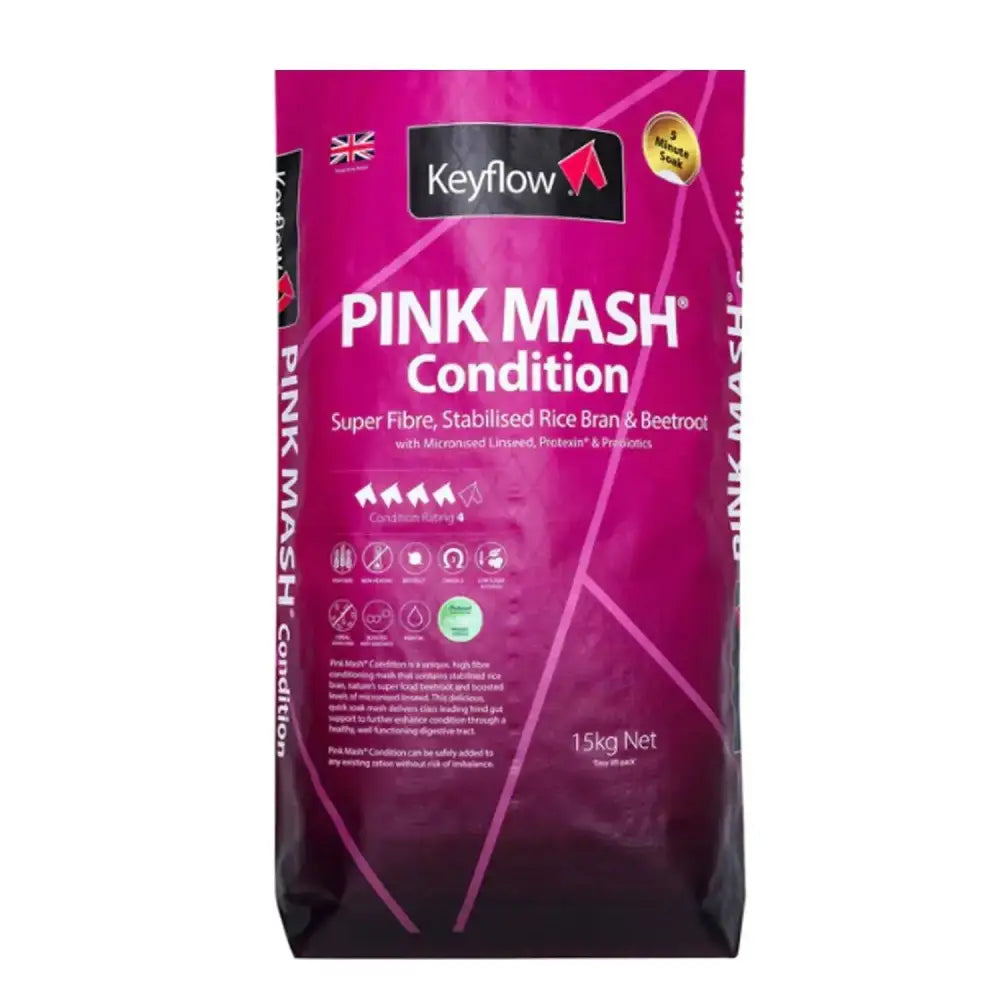 Keyflow pink mash conditioning feed bag in vibrant magenta and black glossy plastic with super fibre and beetroot text