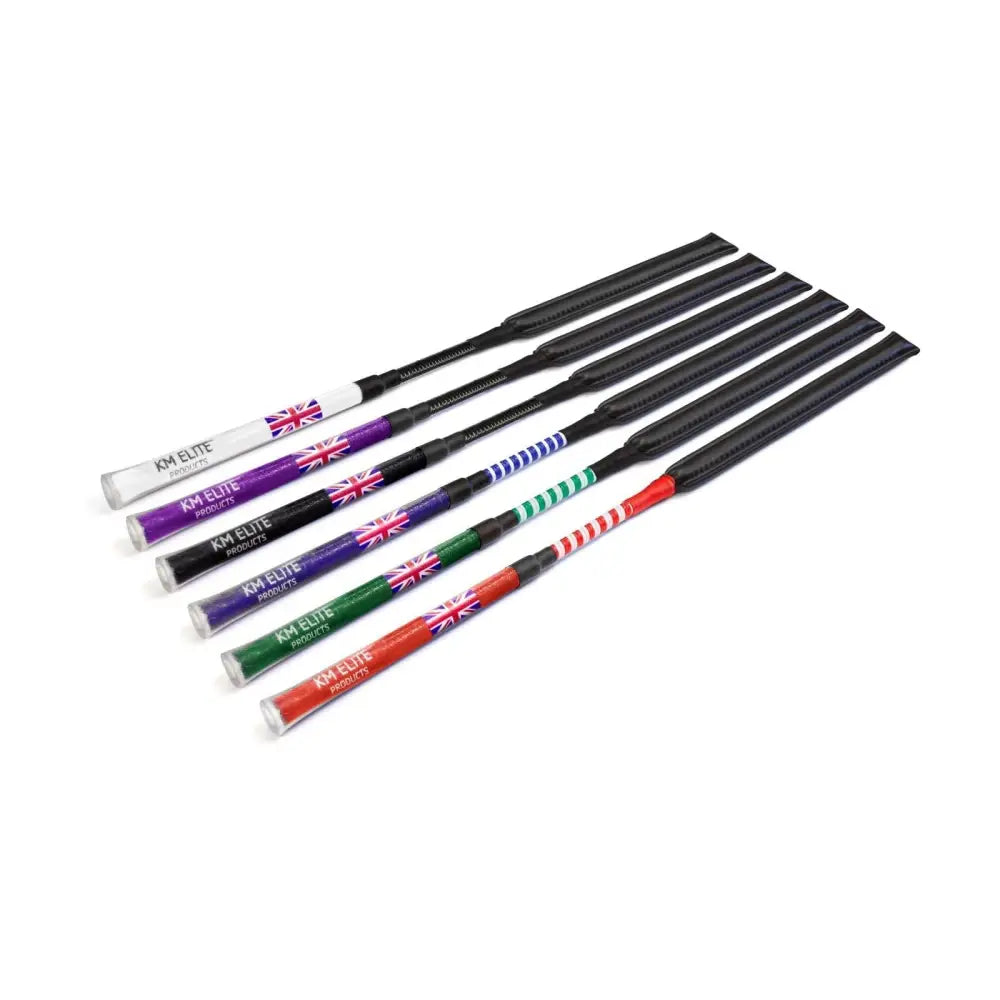 Set of six km cush grip jump elite slimline riding crop handles with black leather and colorful wraps