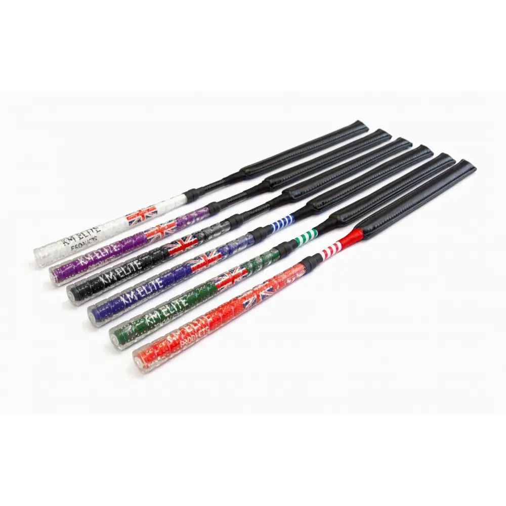 Six colorful cush grip jump bat whips with black leather handles and union jack grip by kmelite products
