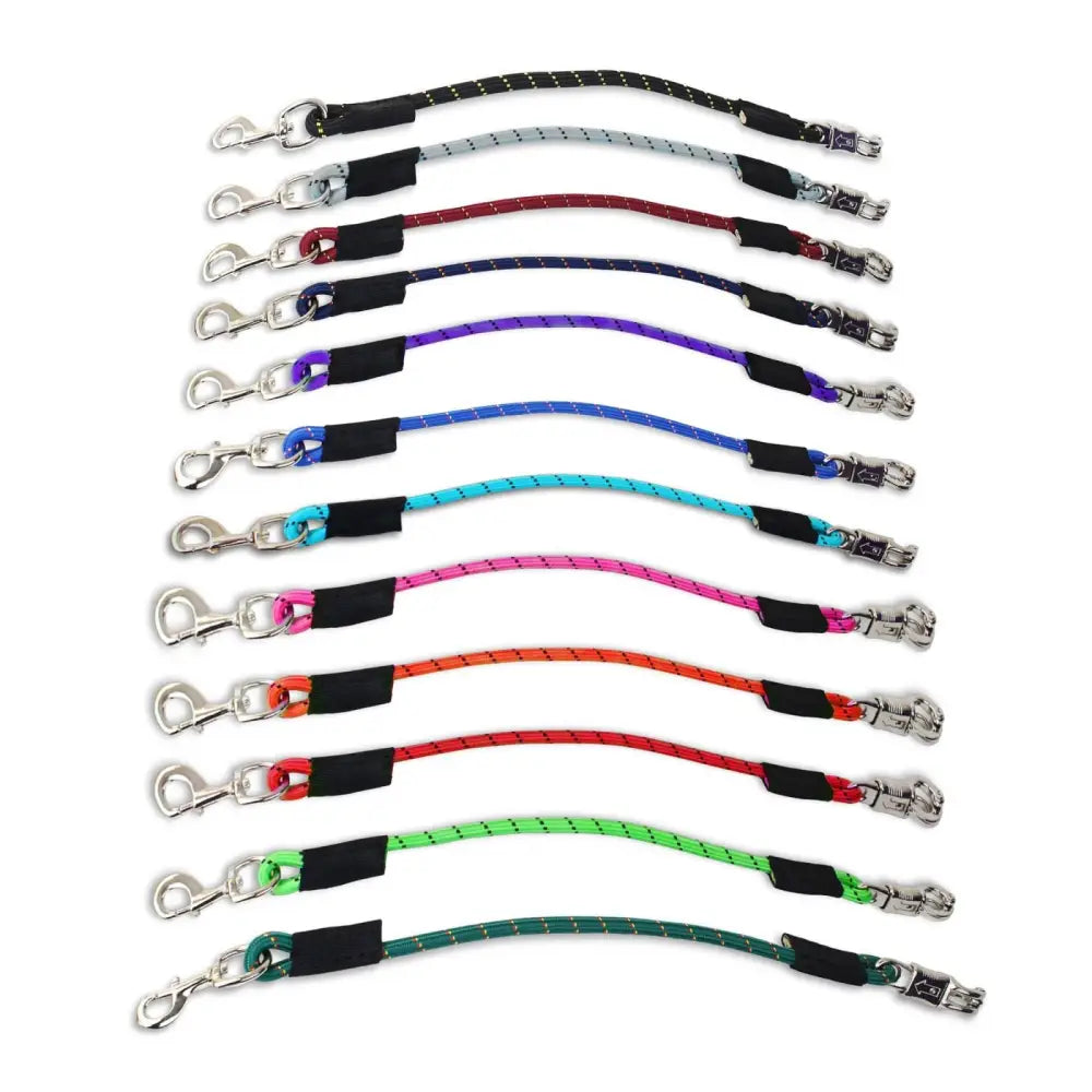 A colorful set of km elite bungee tie braided leash extensions with silver quick-release panic snap clasps