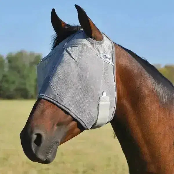 Gray mesh cashel crusader fly mask with adjustable strap and white buckle for horse protection by elite cashel crusader