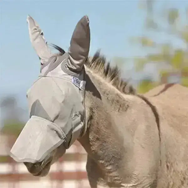 Gray mesh cashel fly mask with padded ear flaps and adjustable straps for donkey long nose cover use