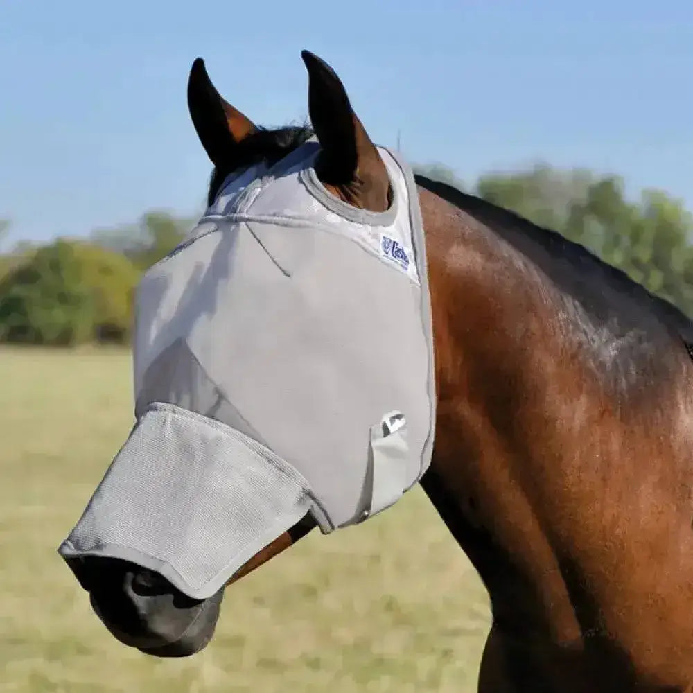 Light gray mesh cashel fly mask with long nose cover and adjustable straps featuring a small brand logo