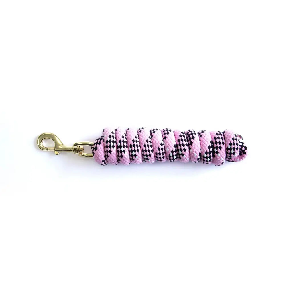 Pink and black checkered km elite cotton double braided leadrope 7ft with gold-tone metal clasp and high quality finish