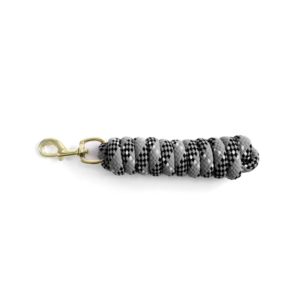 A coiled black and gray checkered km elite cotton double braided leadrope with gold-tone metal clasp 7ft long