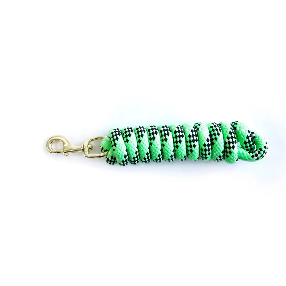 Km elite cotton double braided leadrope 7ft in vibrant neon green with black and white pattern and gold clasp, high quality double braided