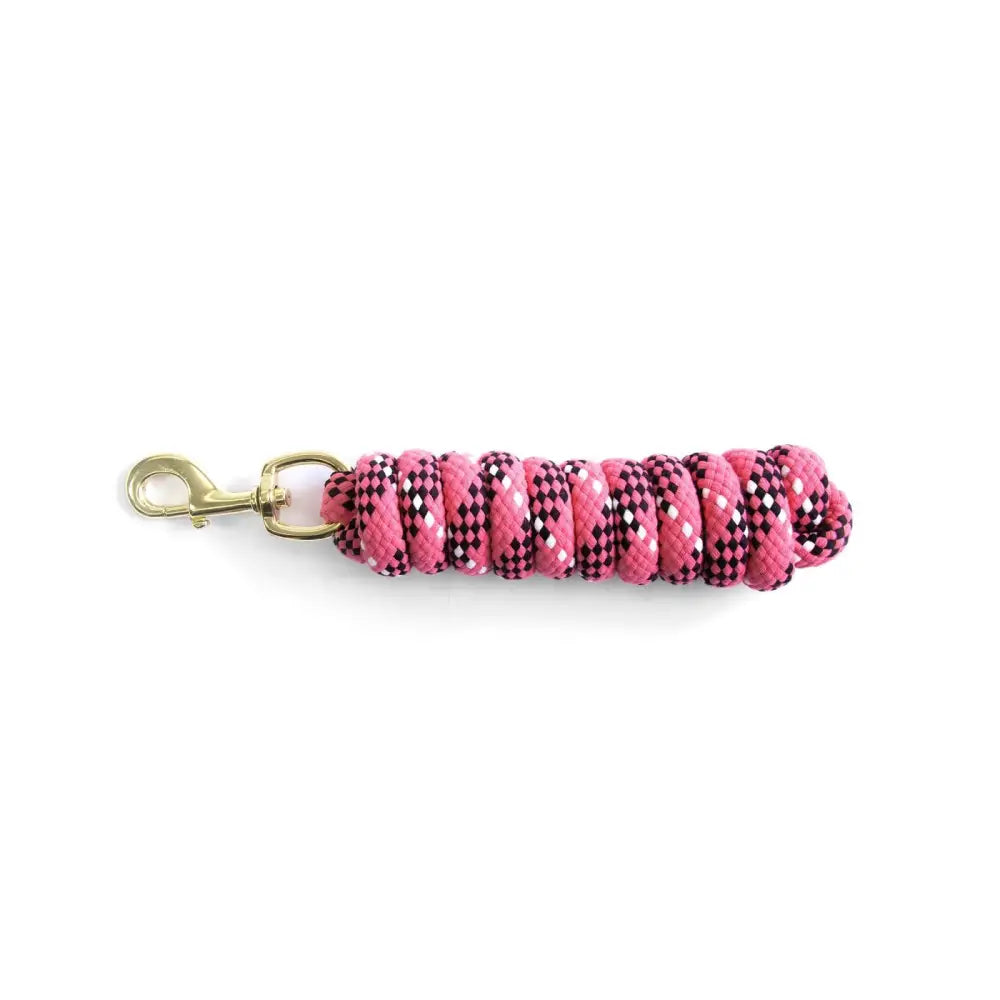 Km elite cotton double braided leadrope 7ft in vibrant pink and black checkered design with gold-toned metal clasp