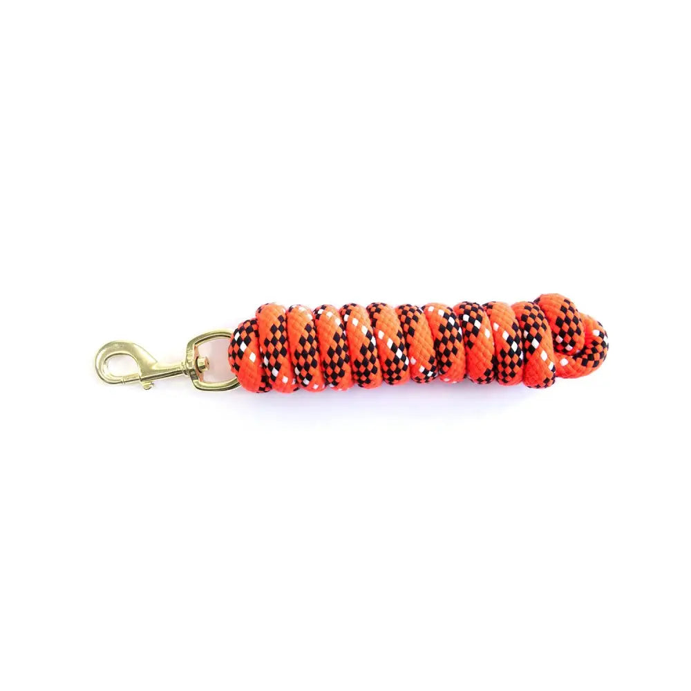 Bright orange km elite cotton double braided leadrope 7ft with black and white checkered pattern coiled compactly