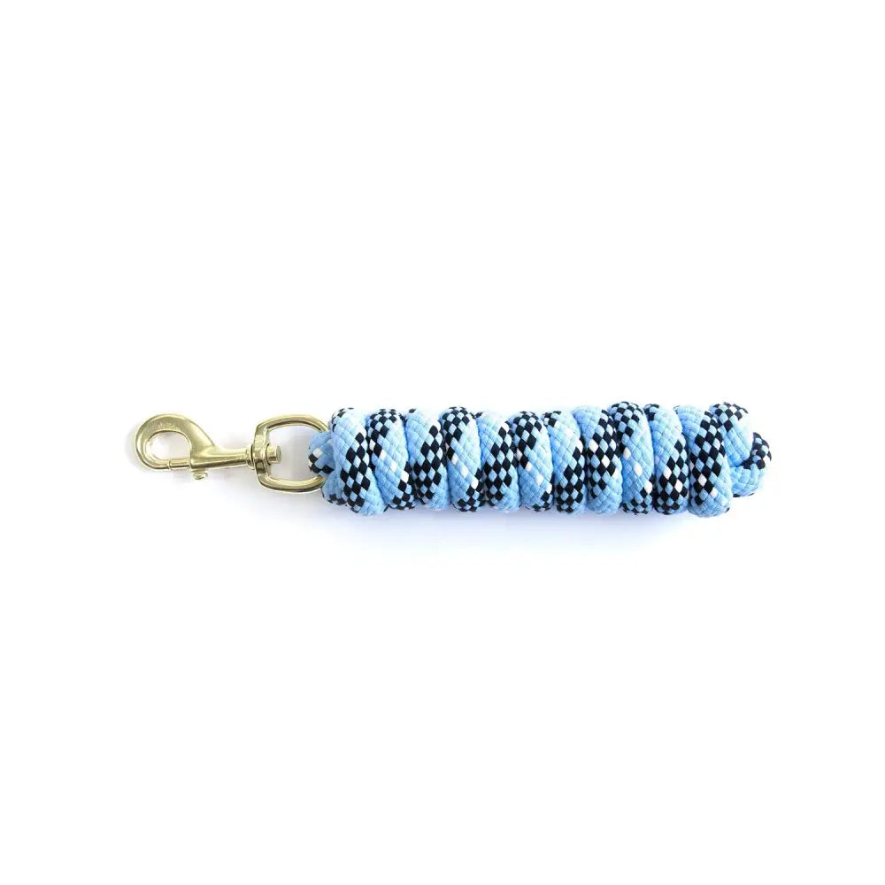 Km elite cotton double braided leadrope 7ft in light blue and black checkered with brass metal clasp high quality double braided