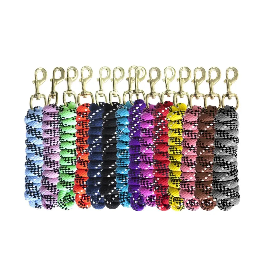 A collection of colorful high quality double braided km elite cotton double braided leadrope keychains with gold clasps