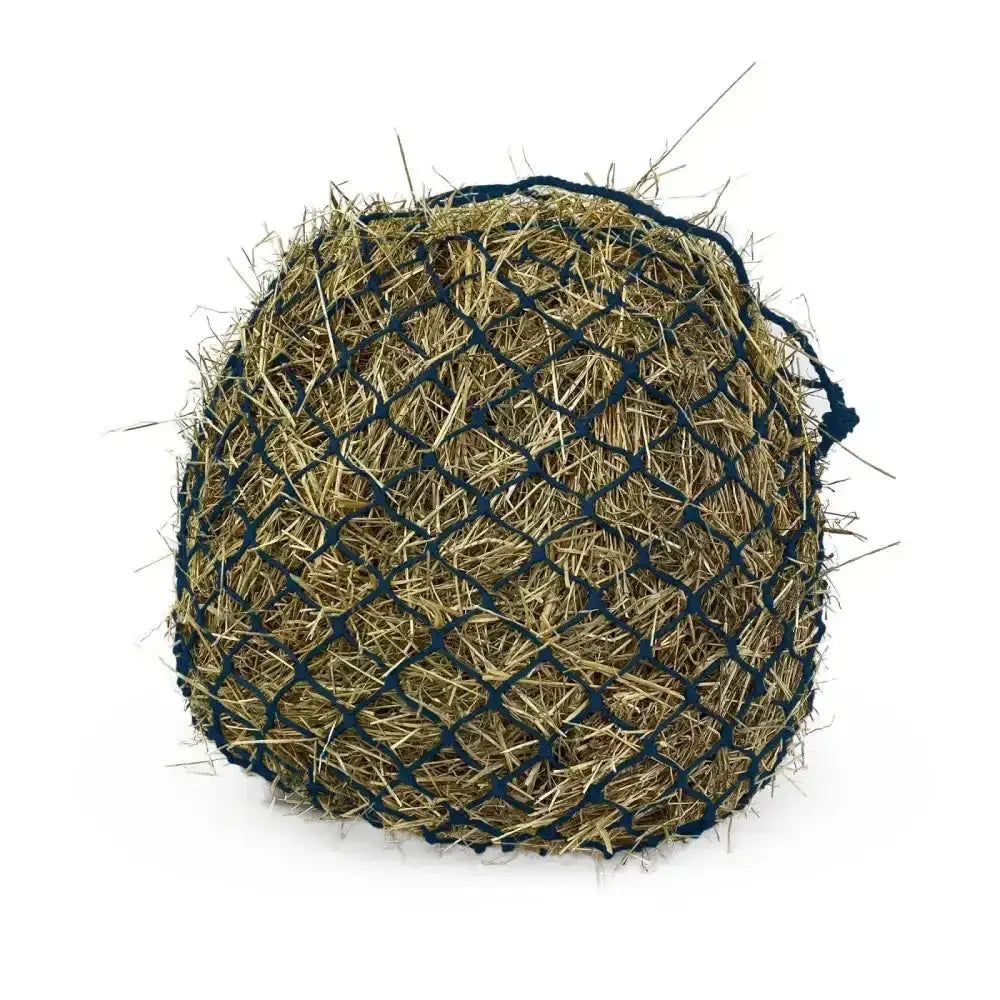 A round dark blue elite deluxe haynet made of extra strong polyethylene filled with golden brown straw